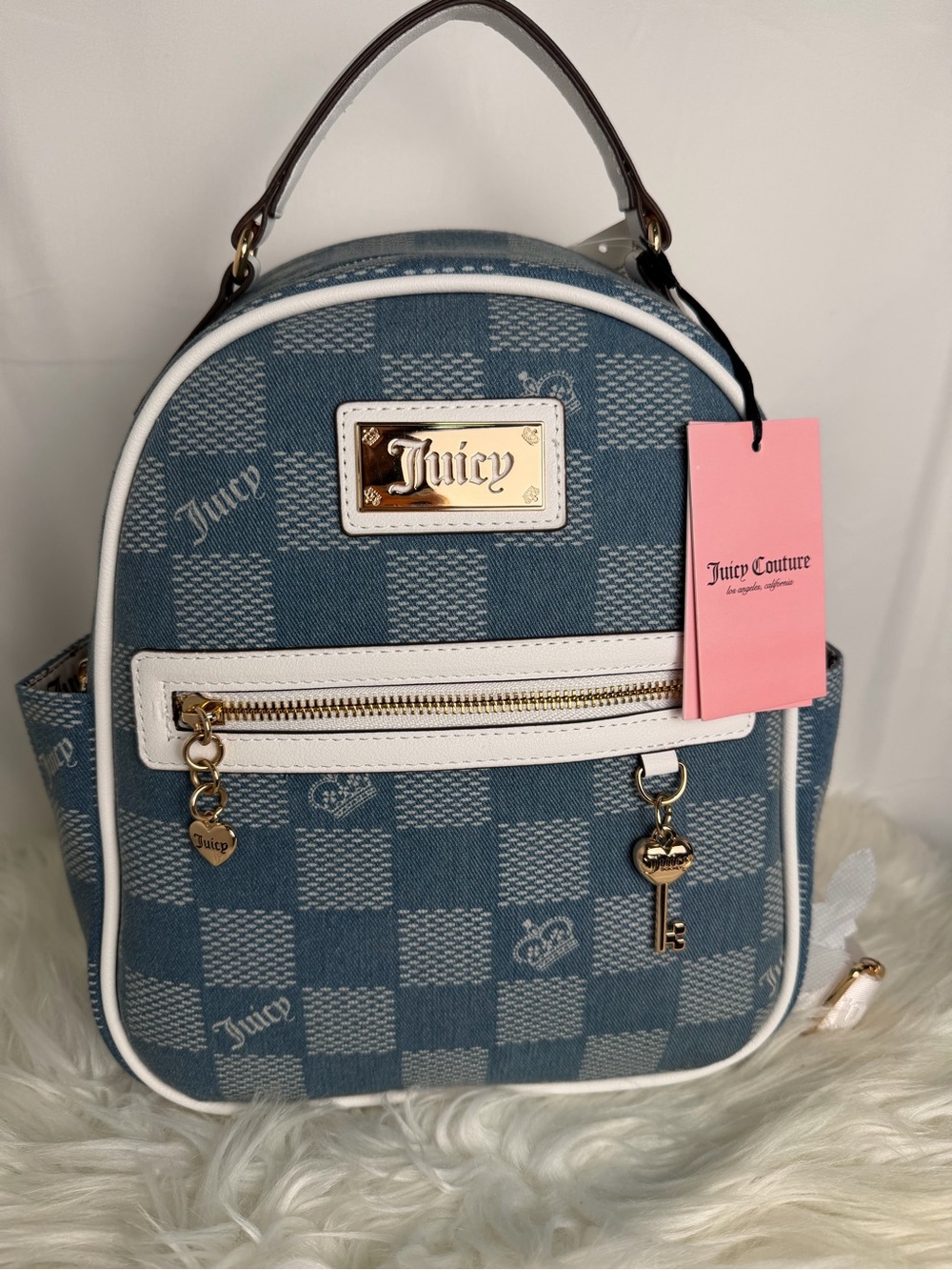 Juicy Couture Blue Check Mini Backpack with White Trim and Gold Accents